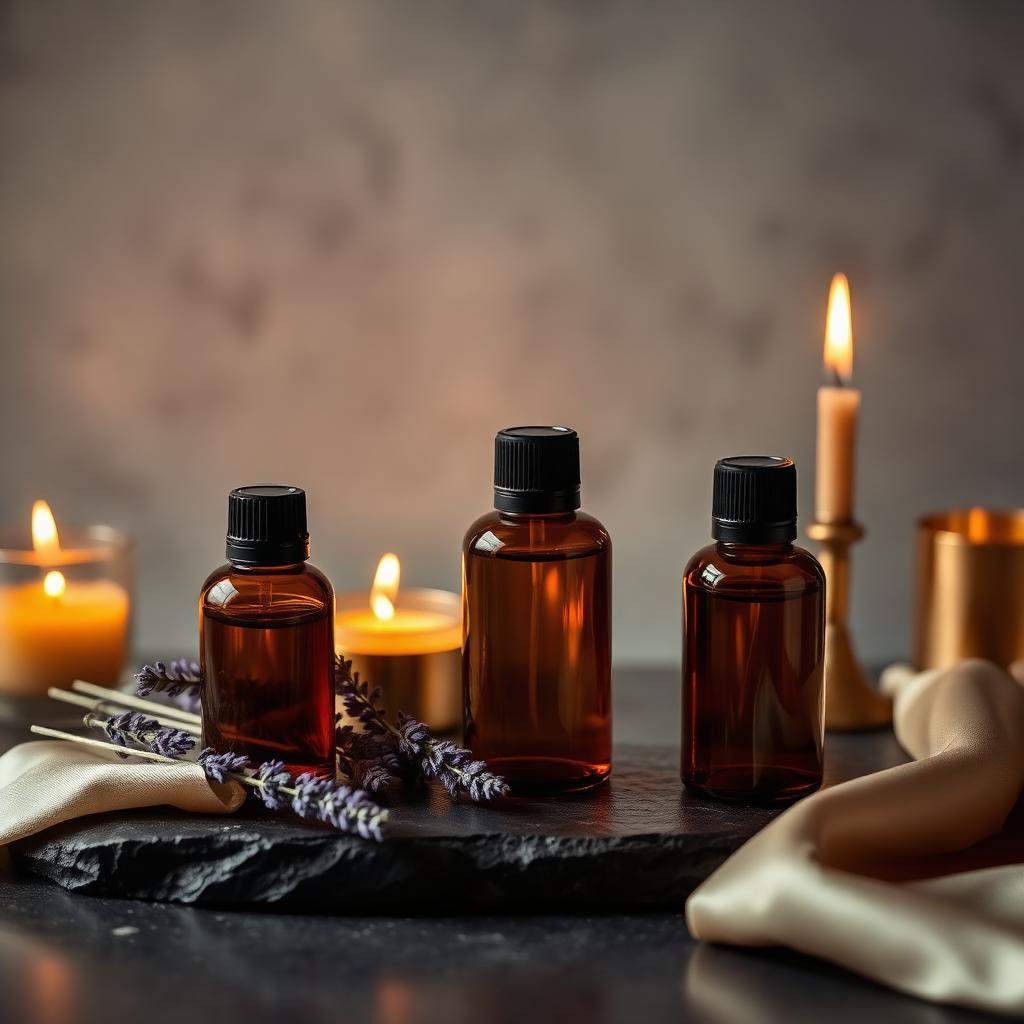 Amber essential-oil bottles with dried lavender and warm candles on dark stone — luxury aromatherapy setup in a Lagos spa